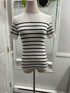 Fitted Short Sleeve Ribbed Stripe Tee in White and Black